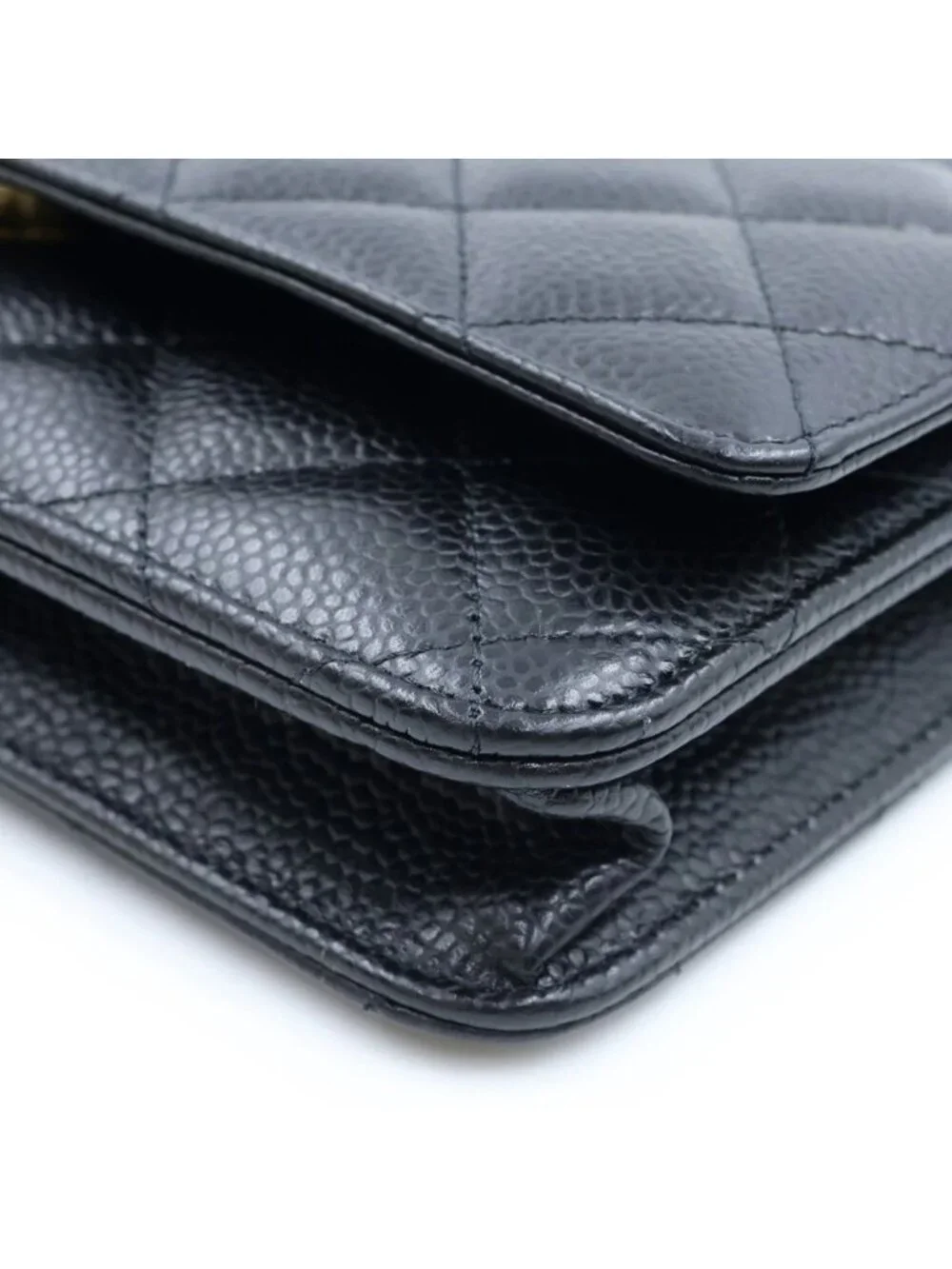 Chanel Quilted Caviar Leather Chain Wallet Shoulder Bag Gold Black Plate